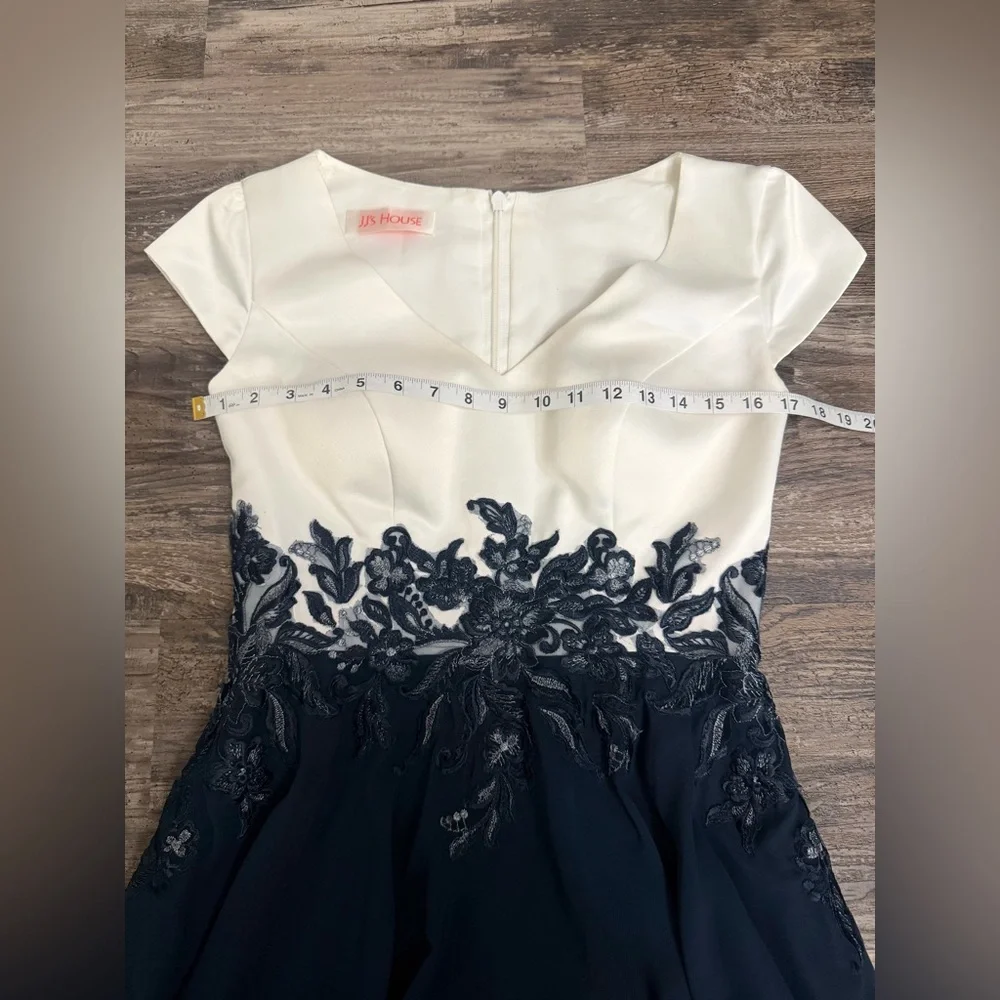 JJ’s House A-Line V-Neck Tea Length Satin Chiffon Mother Of The Bride Dress - Picture 7 of 9